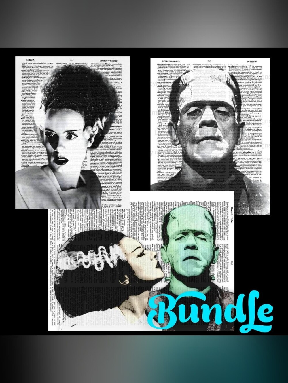 Frankenstein and Bride Art Print Bundle on Vintage Book Pages Halloween Monster